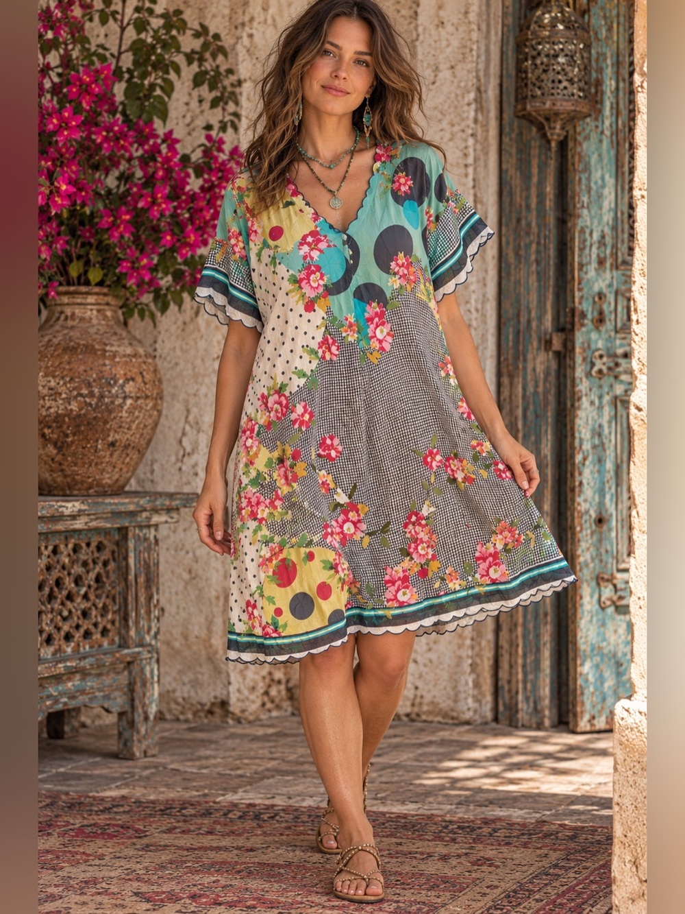 Johnny Was Silk Floral Polka Dot Dress Size L 🌸 $298